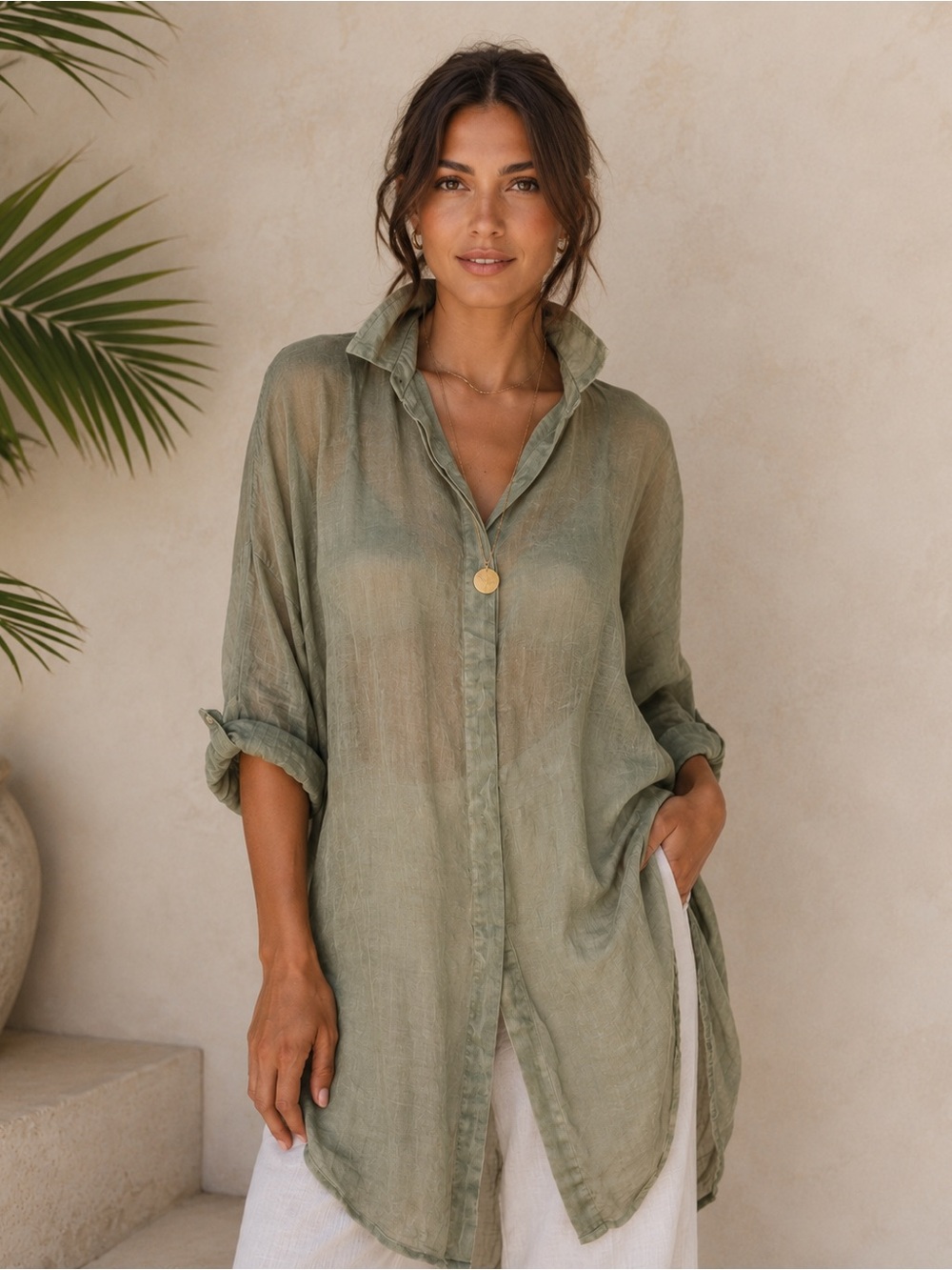 Rhea Olive Sheer Cotton Tunic Blouse One Size NWT Boho Oversized Lightweight A28